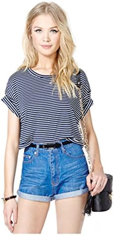 2014 New Navy Blue White Fine Stripe Short Design Tee Crop Tops T Shirts (Size M)