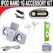 7 pc. Accessory kit for iPod Nano 1g. Includes White portable stereo speaker w/cable Car FM Transmitter w/power cable White Mini soft Earbuds Reusable Pre-Cut Screen Protector and a DBROTH Microfiber Cleaning Cloth
