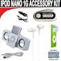 7 pc. Accessory kit for iPod Nano 1g. Includes White portable stereo speaker w/cable Car FM Transmitter w/power cable White Mini soft Earbuds Reusable Pre-Cut Screen Protector and a DBROTH Microfiber Cleaning Cloth