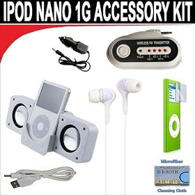 7 pc. Accessory kit for iPod Nano 1g. Includes White portable stereo speaker w/cable Car FM Transmitter w/power cable White Mini soft Earbuds Reusable Pre-Cut Screen Protector and a DBROTH Microfiber Cleaning Cloth