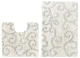 2 Piece Bath Rug Set - New Scroll Ivory Slate Blue by Cotton Craft - 100% Pure Cotton - High Quality - Super Soft and Plush - Hand Tufted Heavy Weight Durable Construction - Larger Rug is 21x32 Oblong and Second rug is Contour 21x20 - Other Styles - Large Scroll, Greek Key, Palm Tree, Solid Color Reversible or Grid Stripe - Easy care machine wash