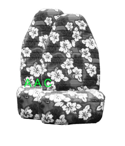 Set of 2 Universalfit Hawaiian Hibiscus Floral Print Front Bucket Seat Cover Grey