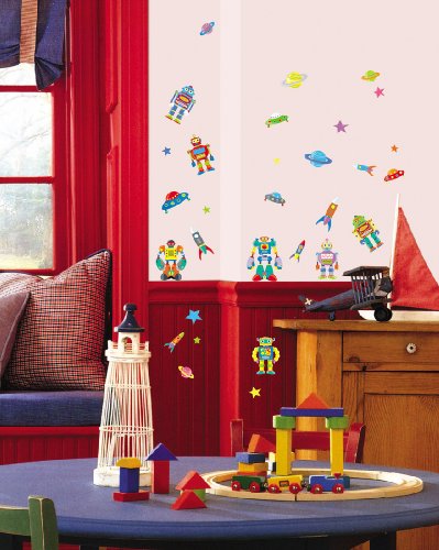 Children's Nursery Room Wall Decals - ROBOTS IN SPACE w/Bonus Decorative Stickers