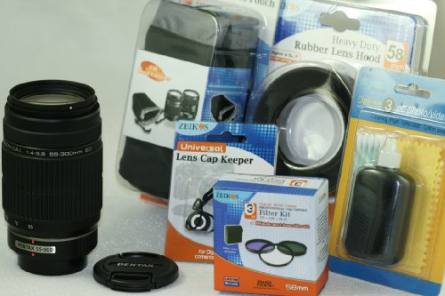 Pentax SMC DA-L 55-300mm Lens Kit with Set of 3 Filters , Hood , Case , Extended Warranty , Cap Keeper , Lens Cleaning Kit