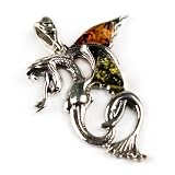 Certified Genuine Multicolor Amber and Sterling Silver Alchemy Gothic Dragon Pendant