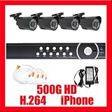 Complete 4 Channel Surveillance (500GB Hard Drive) DVR with (4) x 520 TVL 1/3 Sharp CCD Outdoor Security Camera CCTV System Package - iPhone and VGA support, Real Time Video/Audio Recording, Playback and Network capability, PTZ Control