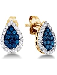 10K Yellow Gold Round Brilliant Cut Blue and White Diamond - Pear Shape Channel Set Studs Earrings with Secure Push Back Closure - (.53 cttw.)