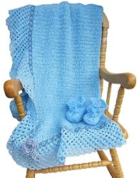 Handmade Baby Blanket Crochet Masterpiece - Baby Blue (Velvet Matching Ribbon/large Size)