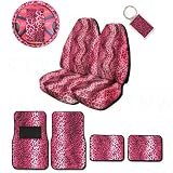 A Set of 2 Universal Fit Animal Print High Back Bucket Seat Covers, Wheel Cover, 2 Shoulder Pads 4 Floor Mats, and 1 Key Fob - Leopard Pink