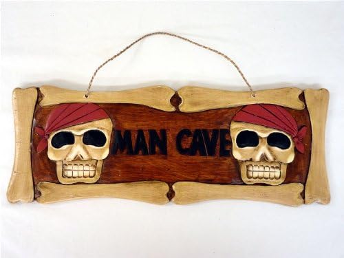Man Cave - Wood Sign with Two Skull Pirates Sporting a Red Scarf - 19.375" X 7.25"
