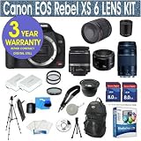 Canon Rebel XS 10.1 MP Digital SLR Camera with Canon EF-S 18-55mm f/3.5-5.6 IS SLR Lens + Canon EF 75-300mm f/4-5.6 III Telephoto Zoom Lens + Canon 50mm 1.8 Lens+ Rokinon 500mm Telephoto Mirror Lens + 2x T-Mount =1000mm Lens + .40 Super Wide Angle Figheye Lens + (2) 8 Gig Memory Cards + Extra Battery + 3 UV Filters + 1 PC Filer + 50 Tripod + Camera Backpack Case + 11 Piece Starter Kit w/ Corel Editing Software + 3 Year Celltime Warranty Repair Package
