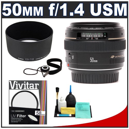 Canon EF 50mm f/1.4 USM Lens + UV Filter + ES-71II Hood + Accessory Kit for Canon EOS 30D, 40D, 50D, 5D Mark II, 7D, Rebel XS, XSi, XT, XTi, T1i Digital SLR Cameras Canon EF 50mm f/1.4 USM Lens + UV Filter + ES-71II Hood + Accessory Kit for Canon EOS 30D, 40D, 50D, 5D Mark II, 7D, Rebel XS, XSi, XT, XTi, T1i Digital SLR Cameras