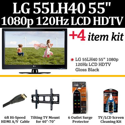 Brand New LG 55LH40 55 1080p LCD HDTV - Gloss Black With Essentials Accessory Kit Includes HDMI Cables + Surge Protector + Tilting TV Wall Mount + LCD Screen Cleaner