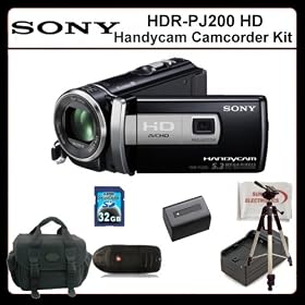 Sony HDRPJ200 Camcorder Kit Includes:Sony HDR-PJ200 High Definition Handycam Camcorder (Black), Extended Life Battery, Rapid Travel Charger, 32GB Memory Card, Memory Card Reader, Full Size Tripod, Large Carrying Case & SSE Microfiber Cleaning Cloth