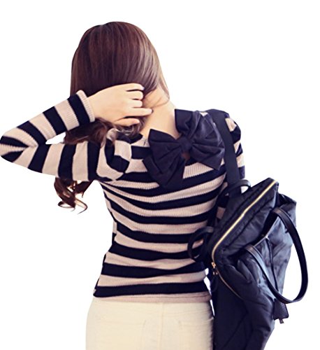 【 UN ANANAS 】 可愛い バックリボン パフ ショダー ボーダー トップス 長袖 レディース 韓国 スタイル ピンク ベージュ 全２色 春