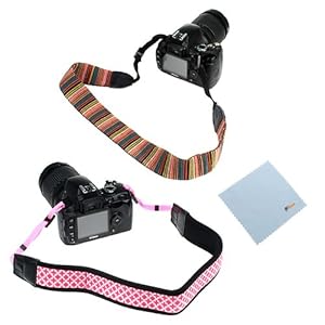 GTMax Soft Multi-Color Classic Camera Neck Strap + Pink Anti-Slip Neoprene Shoulder Strap + Cleaning Cloth for Canon SX50 HS, SX40 HS, T1i T2i T3i T3 T4i T5i SL1; Nikon D5200 D3200 L820 L810 L310; GE Power Pro X500; and Other SLR Cameras