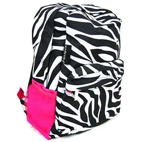 Zebra Stripe Print Backpack Book Bag Hot Pink Trim
