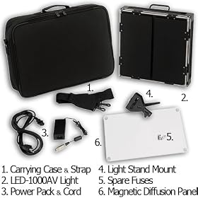 Fotodiox Pro LED 1000AV with Barndoor, Still/Video LED Light Kit, with Dimmable Switch, 12V AC Power Adapter, Light Stand bracket and Carrying Case, Color Temperature 5600K
