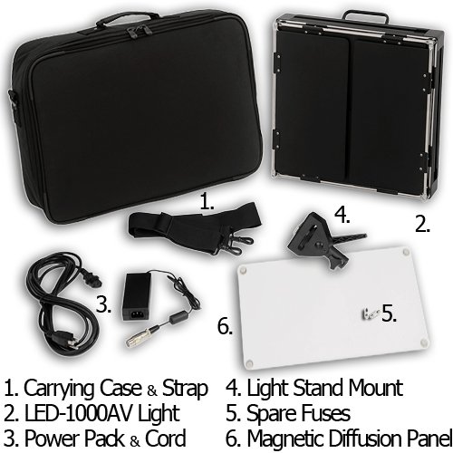 Fotodiox Pro LED 1000AV with Barndoor, Still/Video LED Light Kit, with Dimmable Switch, 12V AC Power Adapter. Light Stand bracket and Carrying Case, Color Temperature 5600K, CRI > 80