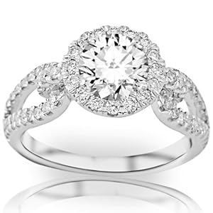 1.55 Carat Round Cut/Shape 14K White Gold Halo Style Split Shank Love Knot Diamond Engagement Ring ( J-K Color , SI2 Clarity )