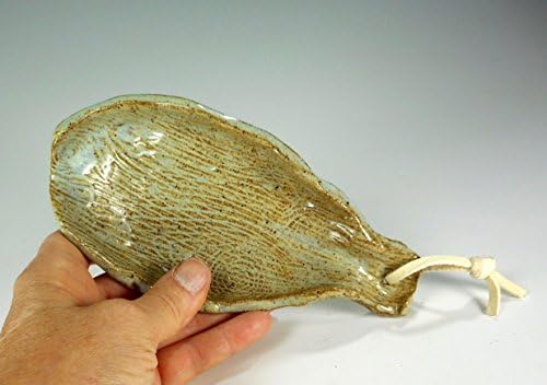 Ceramic spoon rest with leather hanger, hand built pottery spoon holder dish, stoneware spoon rest wood grain pottery