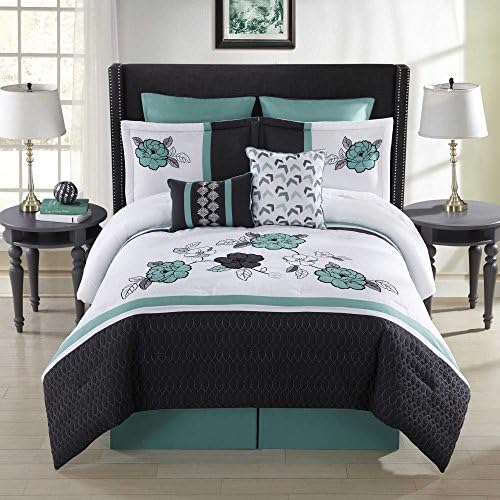 Bright Floral Appliques and Blooming QUEEN Comforter Set (8 Piece Bed in A Bag)