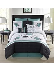 Home: Bright Floral Appliques and Blooming QUEEN Comforter Set (8 Piece Bed in A Bag)