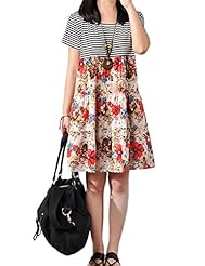 Cotton/Linen Short Sleeves Striped Print Floral Print  Dress