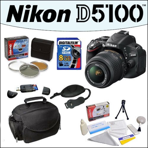 Click To Nikon D5100 16.2MP CMOS Digital SLR Camera with 18-55mm f/3.5-5.6G AF-S DX VR With SLR Camera Gadget Bag, 8GB SDHC High Speed Memory Card, Opteka 52mm 3 Piece Filter Kit and MUCH MORE! Details... Nikon D5100 16.2MP CMOS Digital SLR Camera with 18-55mm f/3.5-5.6G AF-S DX VR With SLR Camera Gadget Bag, 8GB SDHC High Speed Memory Card, Opteka 52mm 3 Piece Filter Kit and MUCH MORE!