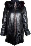 5002 Genuine Black Soft Supple Light Lambskin Leather New 3 4 Half Coat Parka Laydown Collar Zip Front Double Placket Closure Zip Off Hood Fox Trim Draw String - Lined - ZIP OUT FAKE FUR VELOUR LINER - Petite Regular Plus Size
