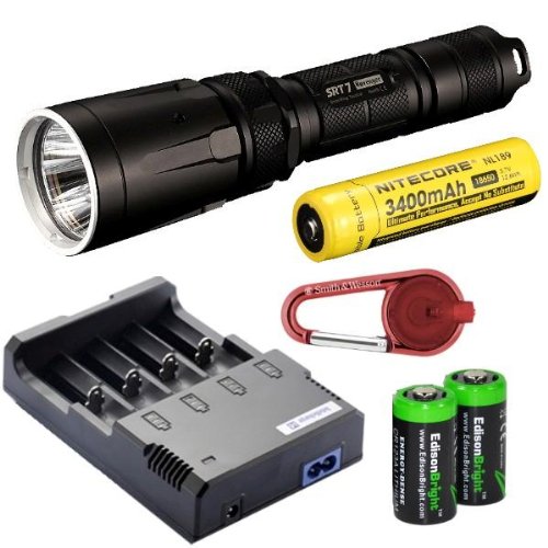 Nitecore SRT7 Revenger (Black) 960 Lumens XM-L2 LED Built in Red, Green, Blue Lights, Red-Blue Strobe, Variable brightness Flashlight/searchlight with Genuine Nitecore NL189 18650 3400mAh Li-ion rechargeable battery, Nitecore i4 intelligent Charger, Car Charging Cable, Smith & Wesson LED CaraBeamer Clip Light and 2 X EdisonBright CR123A Batteries On Sale