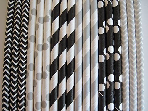 Black and Silver Straw Mix - Stripe and Dots Chevron Paper Straws I 25ct