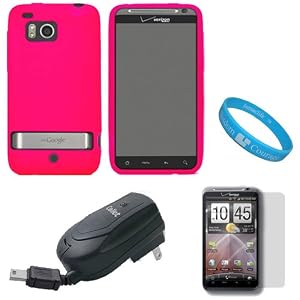 Pink Soft Silicone Protective Skin Cover Case for Verizon Wireless New HTC Thunderbolt 4G / HTC Incredible HD (Model ADR6400) + Clear Screen Protector + Black Retractable Travel Wall Charger with IC Chip + SumacLife TM Wisdom Courage Wristband