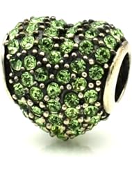 Pro Jewelry .925 Sterling Silver " Lt Green Peridot Cz Pavé Heart Sterling Silver Charm " Compatible with Pandora Chamilia Kay Troll Bracelet