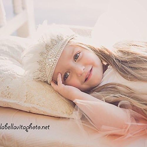 Allure Designs Feather Crown Headband, Flower Crown, Kids Crown Boho Chic Headband Girls Tieback Flower Girl Headband Baby Crown Girls Headband White