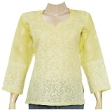 Womens Cotton Long Sleeve Top Blouse Chikan Embroidery Size M