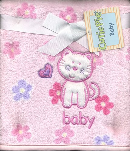 Girls Pink Super Soft Plush Baby Blanket Flowers Embroidered & Appliqued Kitten Cat By Cutie Pie