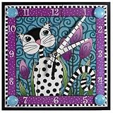 Black and White Garden Cat Decoupage Art Clock, 8" Square