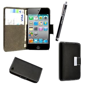 STYLEYOURMOBILE APPLE IPOD TOUCH 4 4TH GEN BLACK CARD POCKET/MONEY MAGNETIC BOOK FLIP PU LEATHER CASE COVER POUCH + SCREEN PROTECTOR +STYLUS