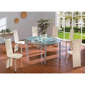 Modern Furniture Rain Illusion Tempered Glass Round Dining Table and 6 Beige Vinyl Chairs by ModernLineFurniture