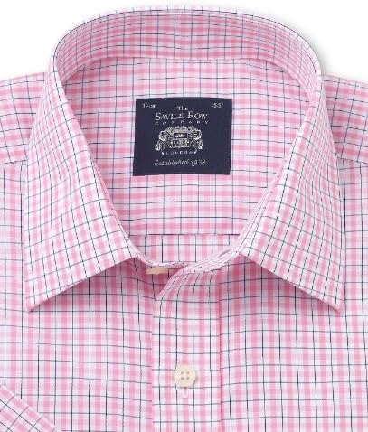 Savile Row Mens Pink White Check Poplin Windsor Collar Classic Fit Short Sleeve Shirt Size 16"