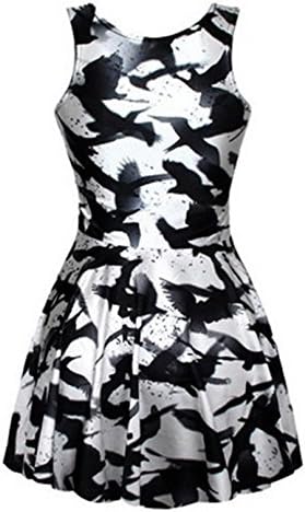 Women's Emoji Crow Print Tank Pleated Knee-length Dress Black