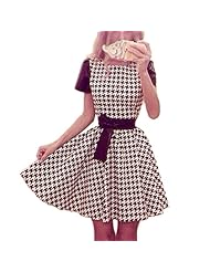 Sexy Leather Short Sleeves Houndstooth Print Tunic 