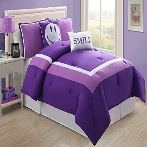 Blackpeel 4 Pc Modern Purple and White Teen/girl Comforter Set Smile, Twin Size Bedding, Bed in a Bag