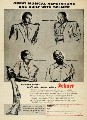1956 Ad Selmer Saxophones Getz Hawkins Desmond Carter - Original Print Ad
