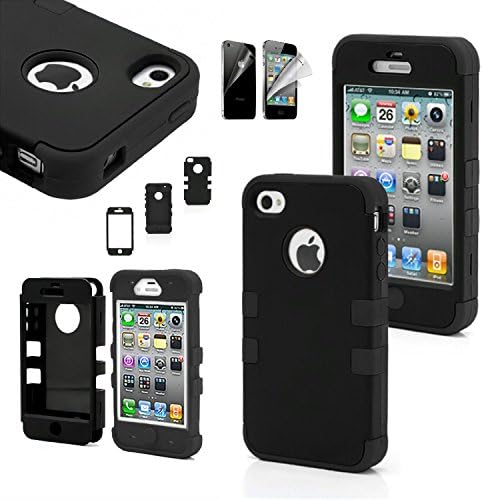 CWAccessories (TM) Black High Impact Hybrid Matte Hard Case Silicone Rubber Cover for Apple iPhone 4 4G 4S w/ Screen Protector (Black)