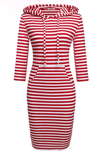 Halife Women's Casual Elbow Sleeve Hooded Pullover Hoodies Dress with Kangaroo Pockets (M, Red&White)