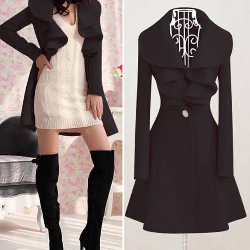 2016 Women Ladies Lapel Windbreaker Long Winter Parka Coat Trench Outwear Jacket (Black, XL)