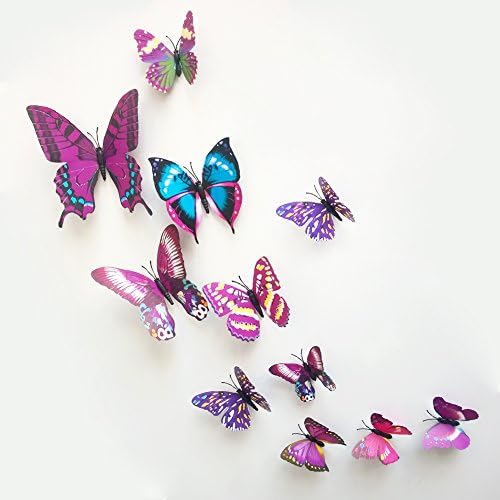 MLMSZ 12PCS 3D Butterfly Wall Stickers with Adhesive Art Decal Satin Paper Butterflies Home DIY Decor Removable (Purple)