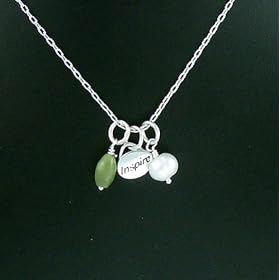 Inspire Word Pendant with Pearl and Olive Jade Gemstone Dangles on 18 Sterling... by Milagro Jewelry